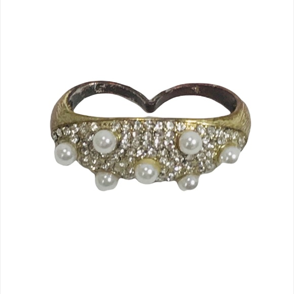 Faux Pearl and Rhinestones Double Ring - Picture 2 of 6
